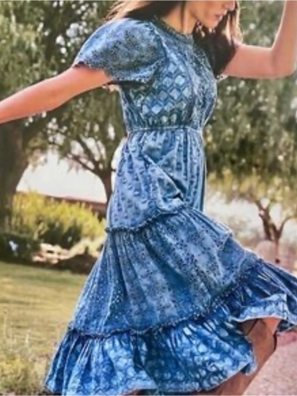 Sundance Isla River Dress Cotton POCKETS  Blue Tiered Skirt P L NOTE Alteration